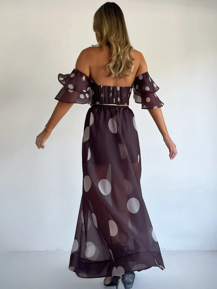 Sexy Strapless Irregular Print Ruffled Fashion Suit Long Dress NorixaFashion.com