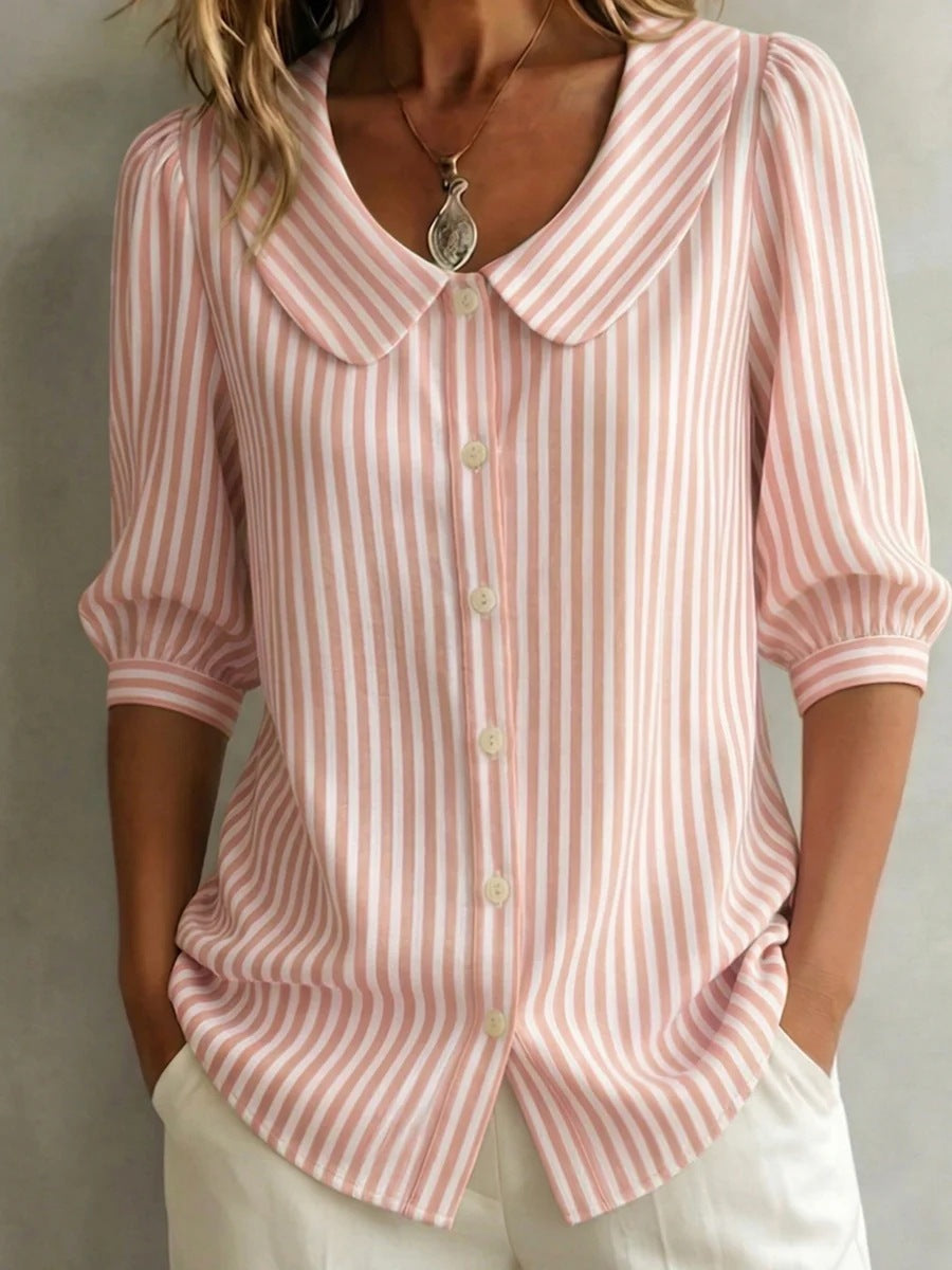 Mid-sleeve Striped V-neck Shirt Top T-shirt Womens Clothing LadyShow.Store