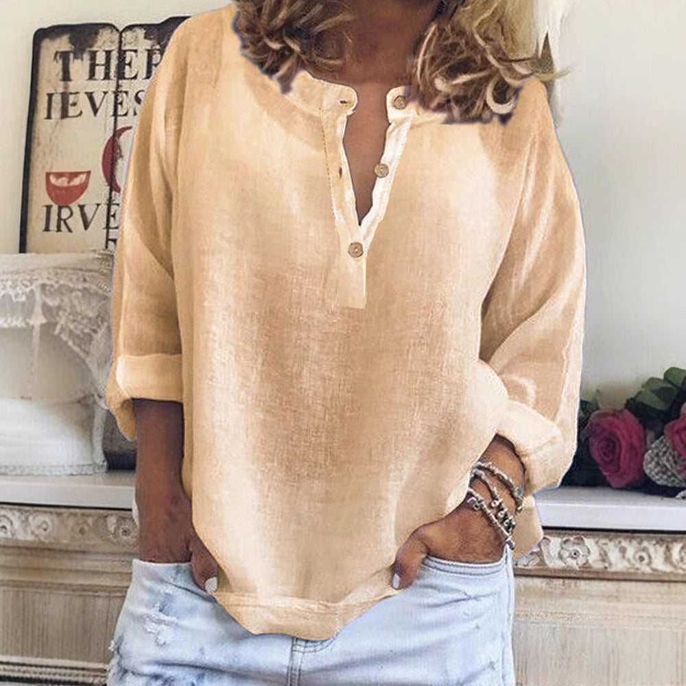 Solid Color Casual Loose Long Sleeve Linen Shirt LadyShow.Store