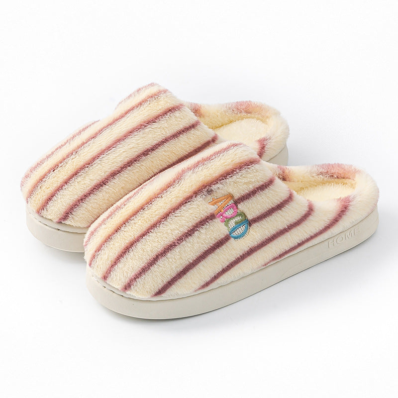 Ins Plush Striped Slippers Winter Warm Letter Embroidered Shoes Fashion Floor Bedroom Home Slipper For Women Men Couples CJD