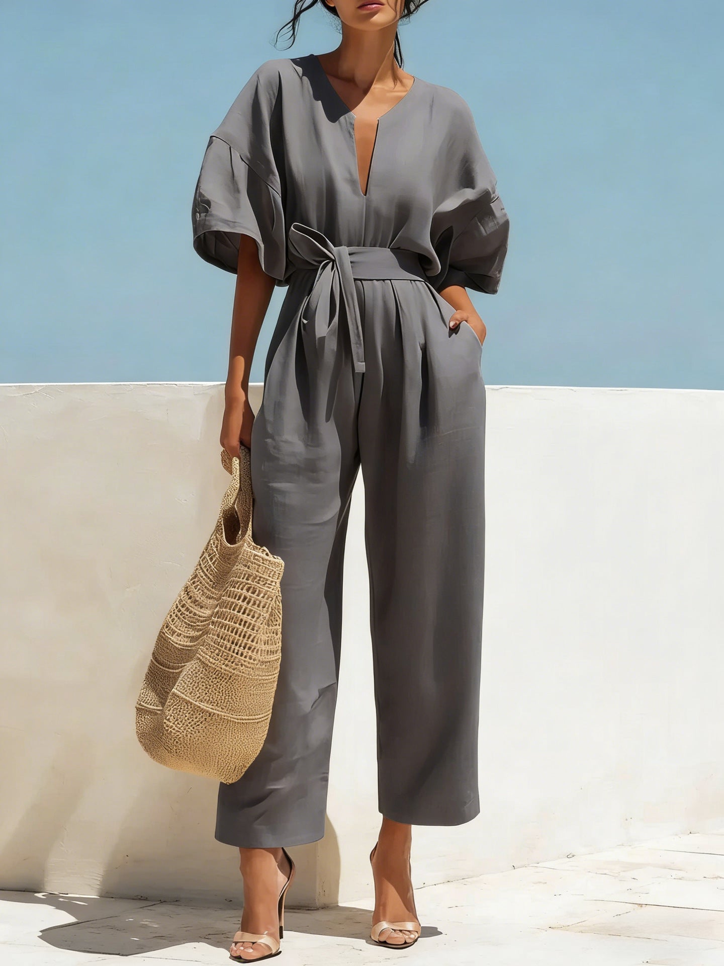 Fashionable V-Neck Solid Color Cotton-Linen Jumpsuit For Women LadyShow.Store