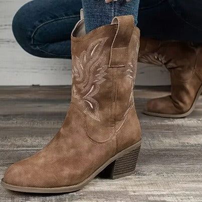 Fashion Chunky-heeled Pointed Toe Boots Winter Ethnic Style Embroidered Mid-Tube Western Shoes Women LadyShow.Store