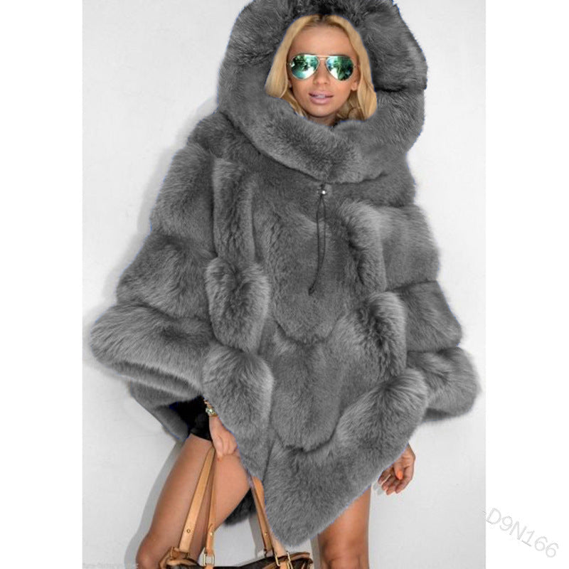 Solid Color Hooded Faux Fur Patchwork Loose Coat Elegant Commuter Cape Women's NorixaFashion.com