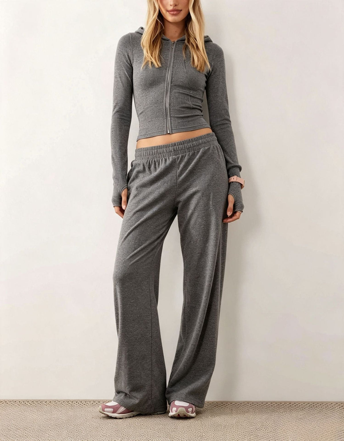 2026 In Stock Autumn Winter European And American Women's Fashion New Casual Hooded Sweatshirt Jacket Solid Color Slim Fit Two Piece Set NorixaFashion.com