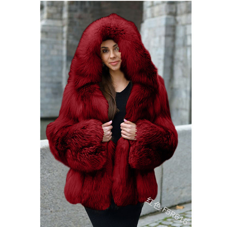Women's Fur Coat Large Size Hooded Warm Fur Mid-Length Fox Fur Coat NorixaFashion.com