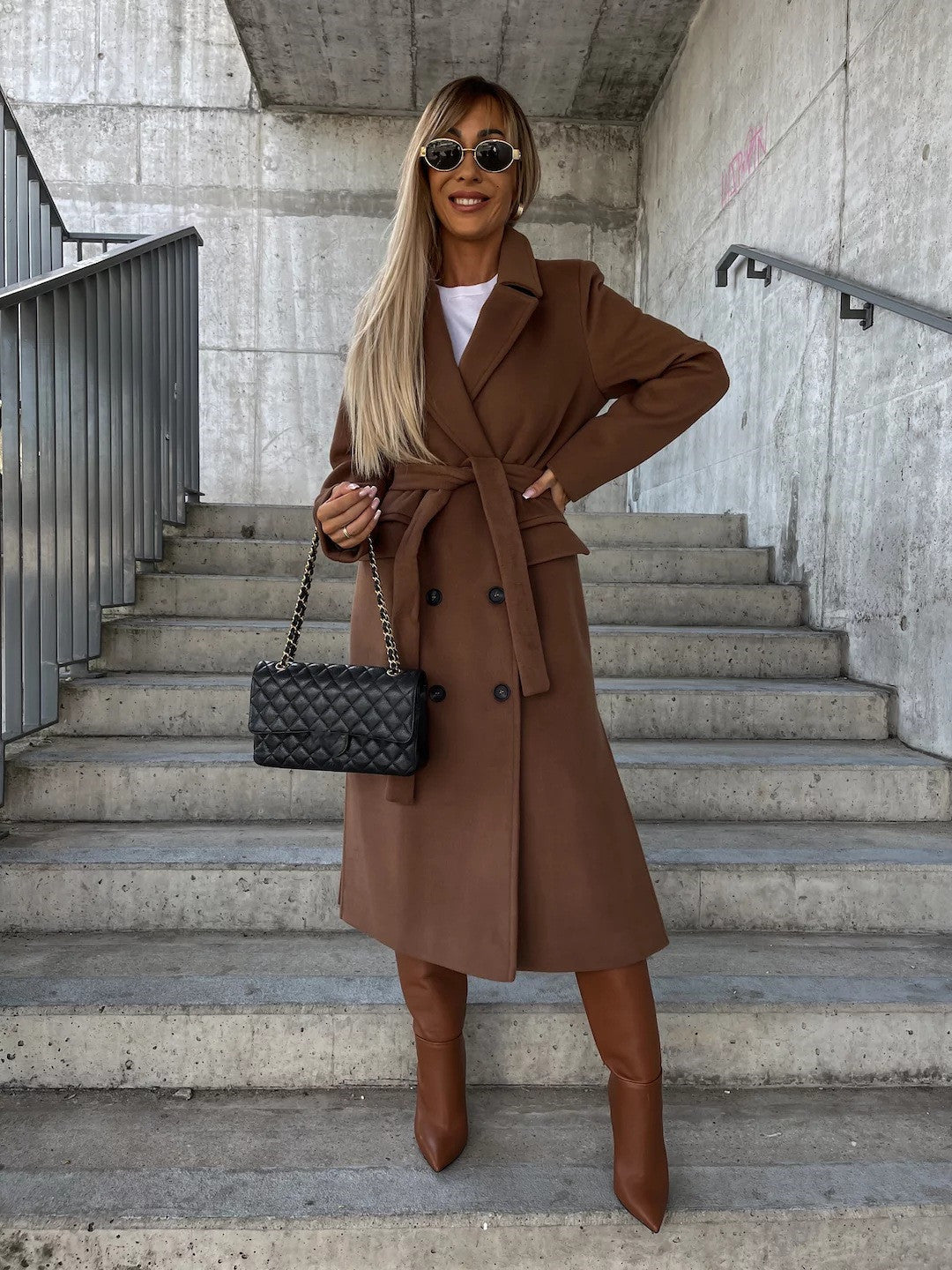 Double-breasted Lapel Split Jacket With Belt Winter Fashion Casual Long Sleeve Button Daily Coats For Women Clothing LadyShow.Store