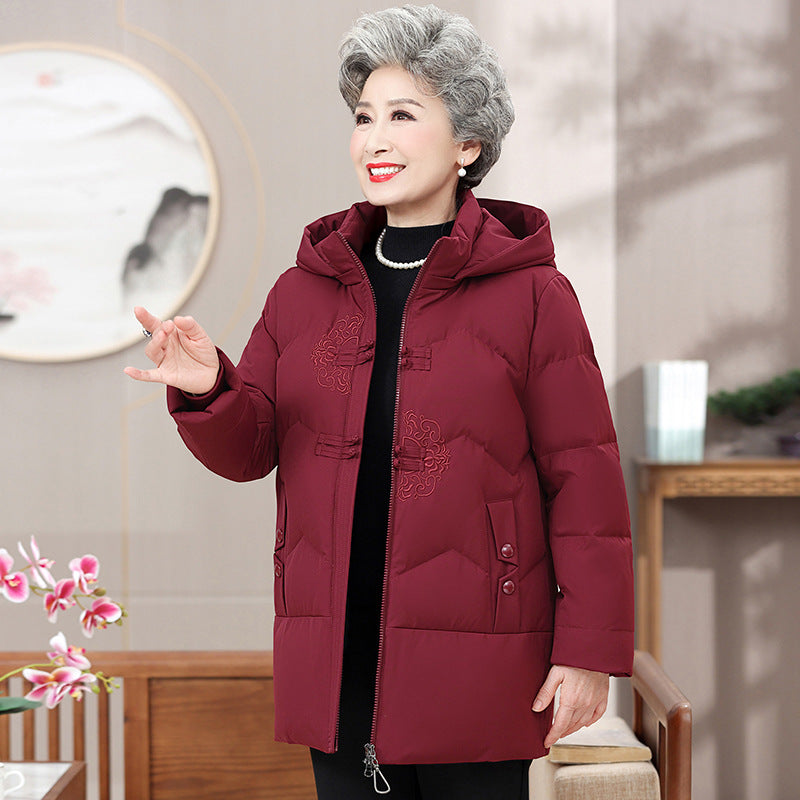 Middle-aged And Elderly Women's Dress White Duck Down Loose Warm Hooded Jacket Best YouTube Store
