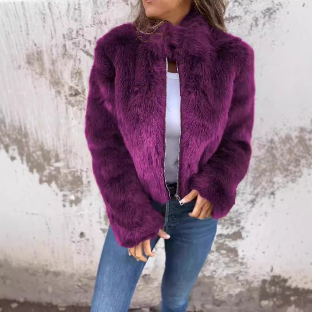 Fashion Stand Collar Plush Jacket Winter Casual Turtleneck Zipper Coat Fleece Tops Women's Clothing LuxuryLifeWay Online Store