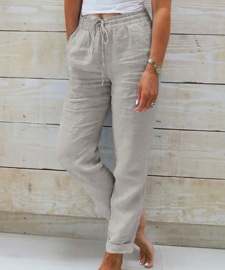 Cotton And Linen Women's High Waist Elastic Waist Solid Color Cotton And Linen Casual Pants NorixaFashion.com