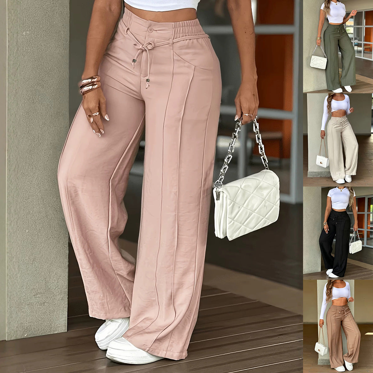 Lace-up Trousers Loose-fit Drawstring Wide-leg Pants With Multiple Pockets NorixaFashion.com
