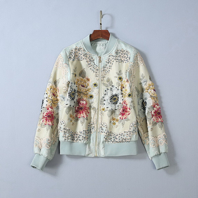 Women's Embossed Peony Crystal Beaded Baseball Uniform Long-sleeved Jacket Best YouTube Store
