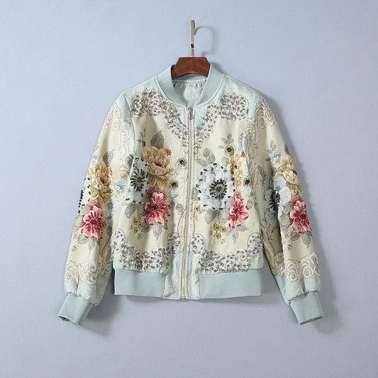 Women's Embossed Peony Crystal Beaded Baseball Uniform Long-sleeved Jacket Best YouTube Store