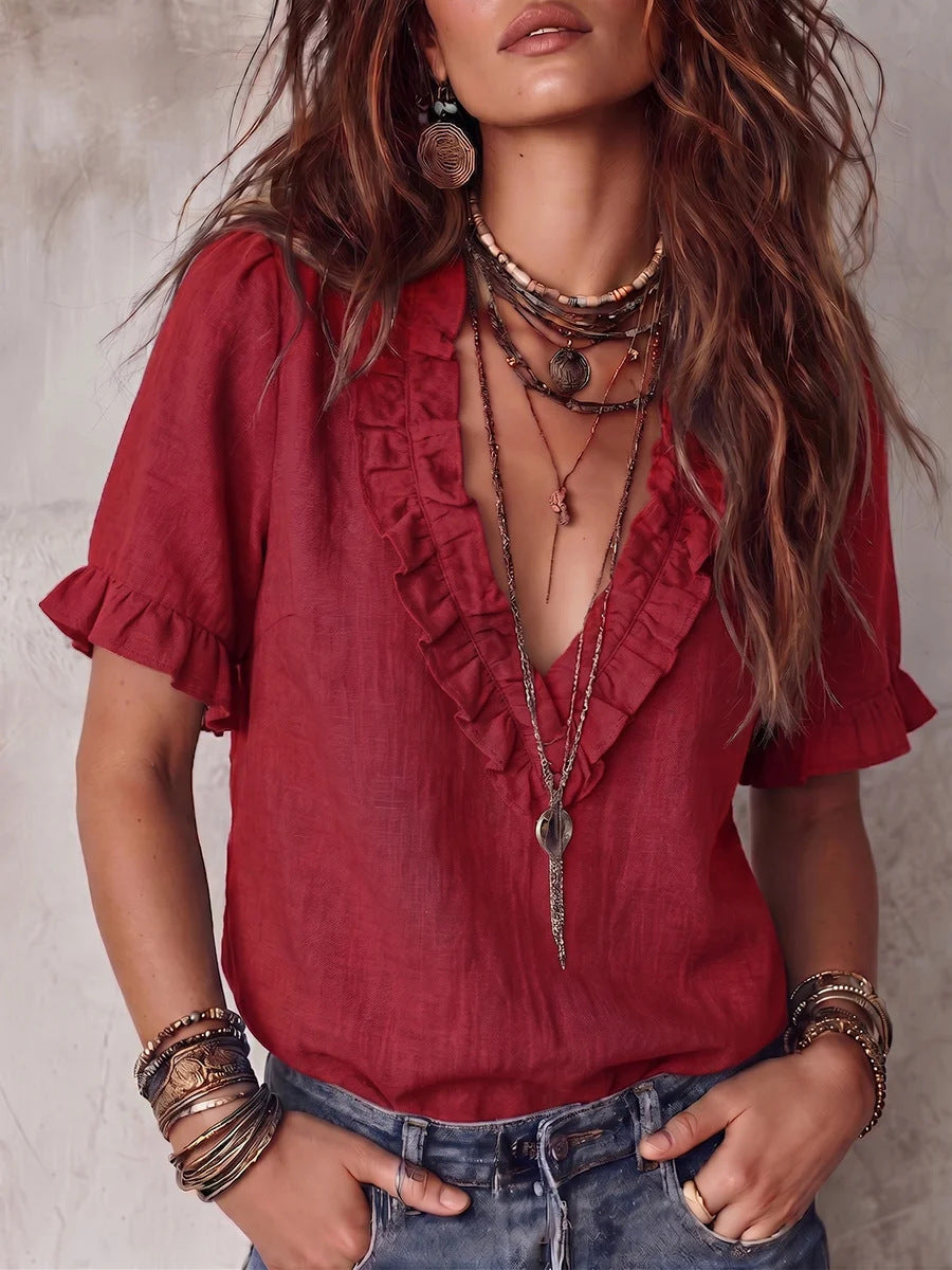 Cotton Pleated V-neck Casual Shirt Top Womens Clothing NorixaFashion.com