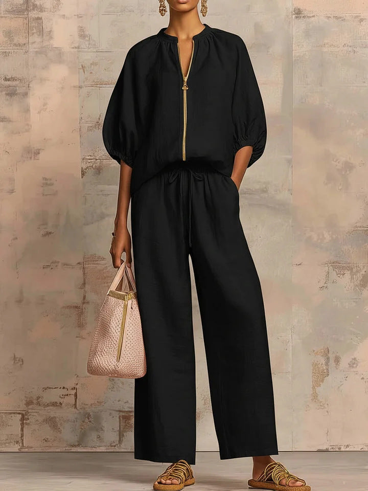 Solid-color Casual Loose-fitting Zip-up Sweatshirt And Straight-leg Pants Set NorixaFashion.com
