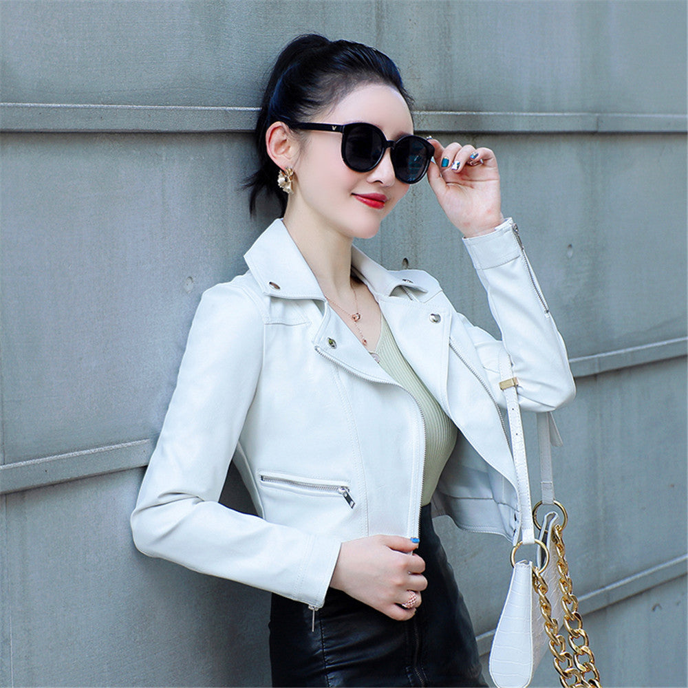Motorcycle Leather Women's Short Slim Fit Plus Size Washed Leather Jacket LadyShow.Store