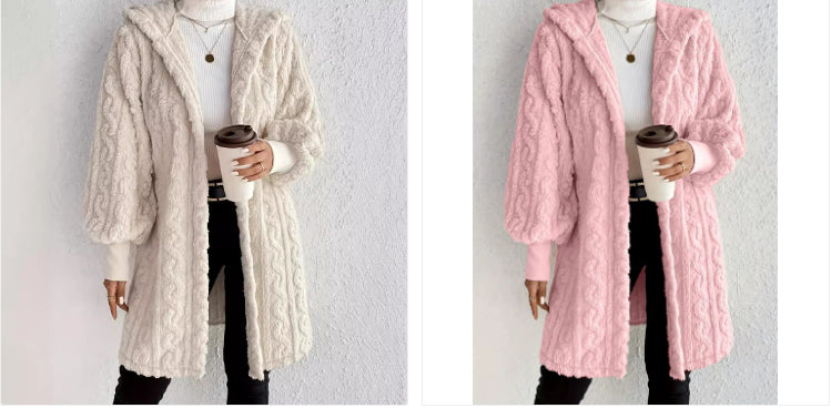 Hooded Double-sided Plush Cuff Thread Long Coat NorixaFashion.com