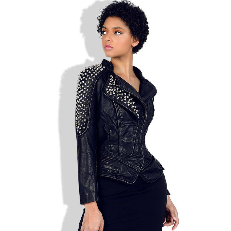 Women's Slim Fit Studded Moto Jacket with Lapels Pi-Mart