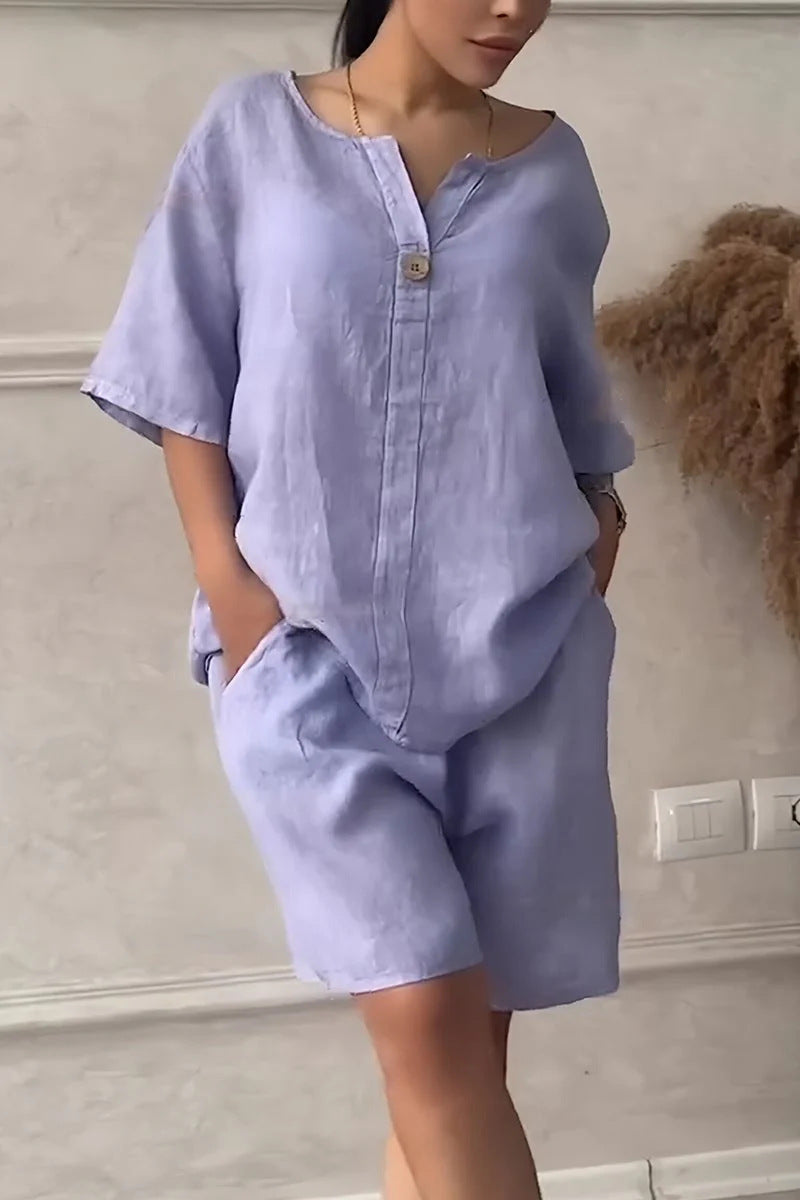 Cotton-linen Shirt Set With High-waisted Loose Shorts For Women LadyShow.Store