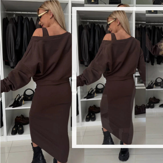 Women's Two Piece Dress Suit Fashion Long-sleeved  V-neck Pullover Sweatshirt And Sleeveless Dresses Set LadyShow.Store