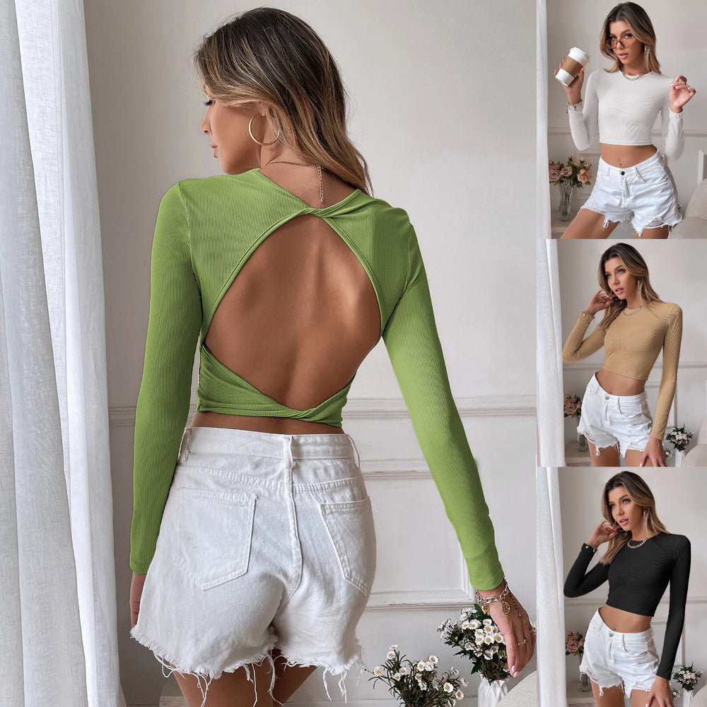Cropped Slim Knit Long Sleeve T-Shirt Top NorixaFashion.com