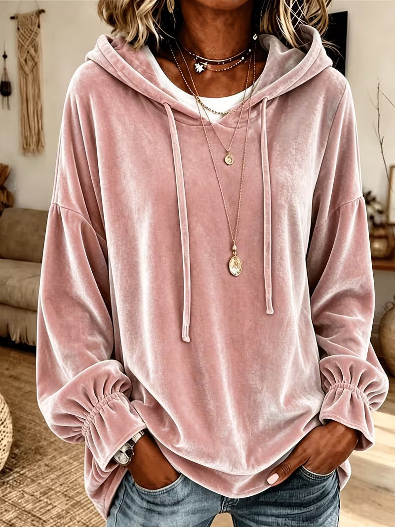 Annuo 2026 European American Women Fall Winter Loose Drawstring Velvet Hooded Sweatshirt NorixaFashion.com