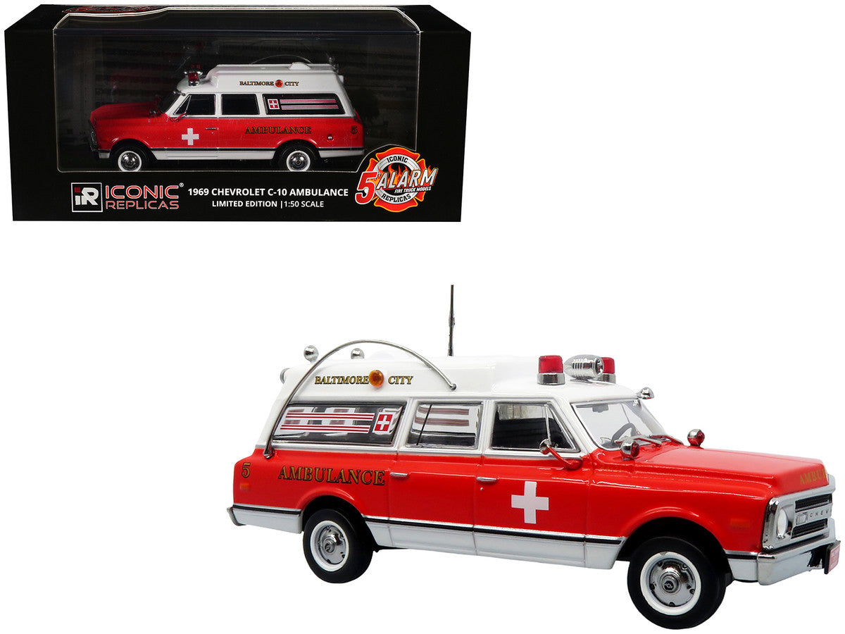 1969 Chevrolet C-10 Ambulance "Baltimore City Fire Department" White and Red "5 Alarm" Series Limited Edition 1/50 Diecast Model by Iconic Replicas LuxuryLifeWay Online Store