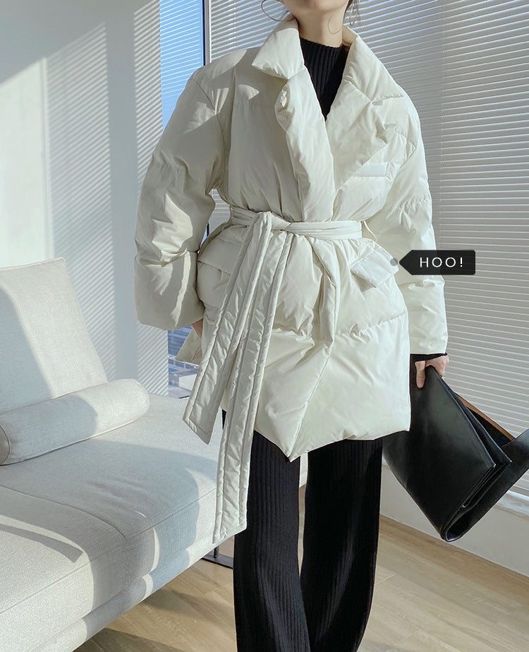 Mid-Length Loose Down Jacket with Suit Collar Pi-Mart