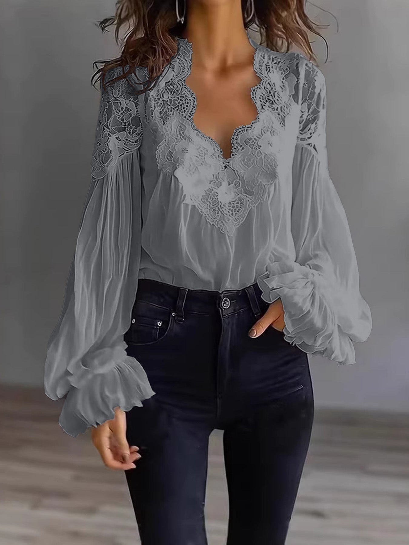 Lace-panelled Ruffled Puff-sleeve Pleated Shirt NorixaFashion.com