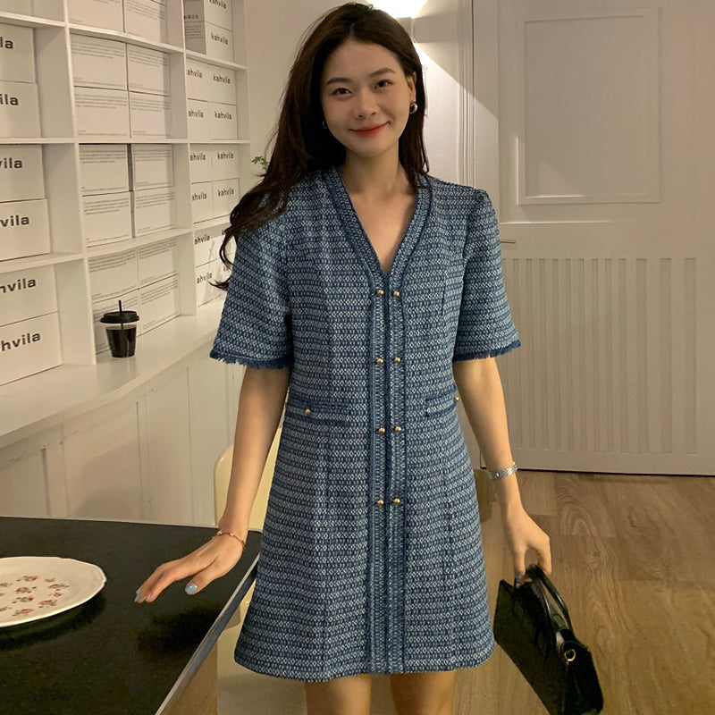 Metal Single Breasted Denim Dress Women NorixaFashion.com