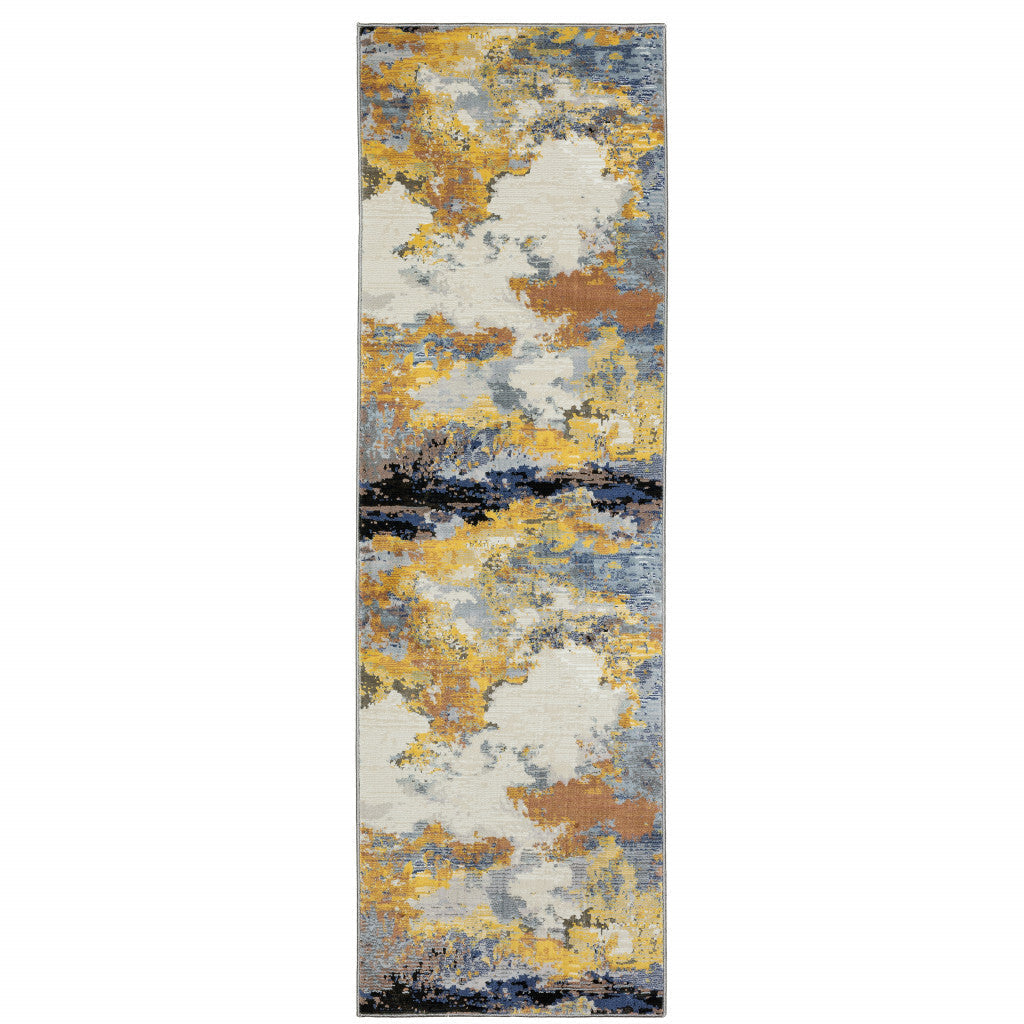 2' X 8' Yellow Gold Blue Grey Brown And Beige Abstract Power Loom Stain Resistant Runner Rug LuxuryLifeWay Online Store