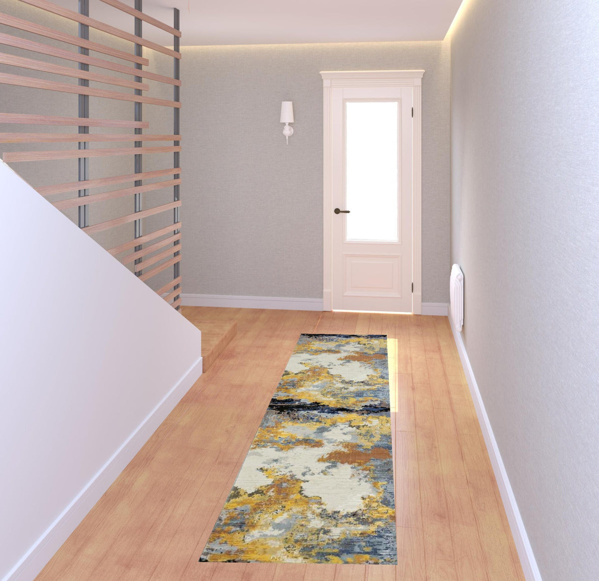 2' X 8' Yellow Gold Blue Grey Brown And Beige Abstract Power Loom Stain Resistant Runner Rug LuxuryLifeWay Online Store