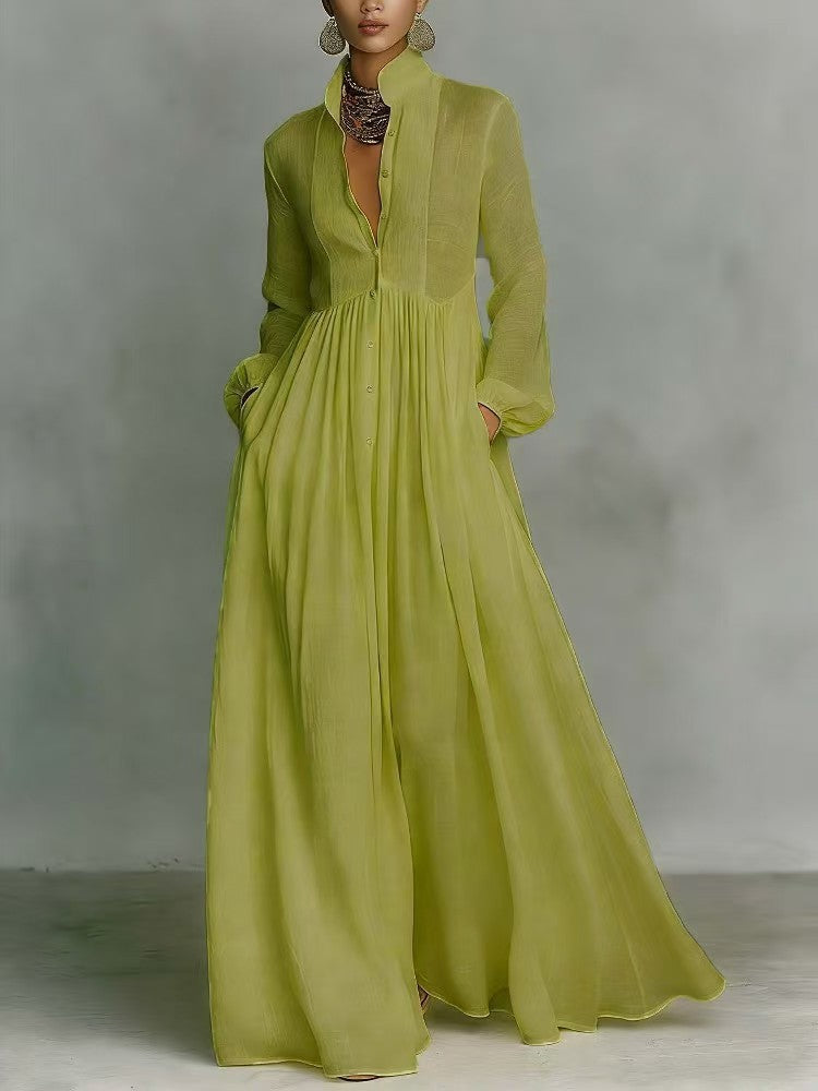 Elegant Stand Collar Button Down Maxi Dress - Long Sleeve Pleated Flowy Gown With Pockets NorixaFashion.com