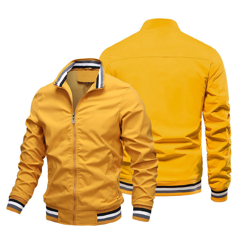 2026 New Men Striped Rib Stand Collar Bomber Jacket Solid Black Zip Up Lightweight Windbreaker Striped Cuff Hem Casual Baseball Coat Outdoor Daily Streetwear Outerwear NorixaFashion.com