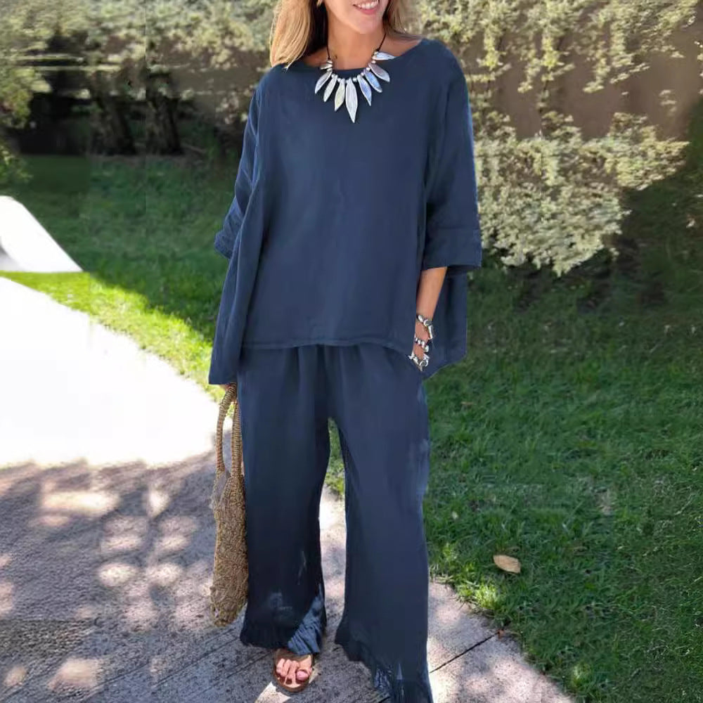 Cotton And Linen Women's Fashion Loose Trousers Two-piece Suit NorixaFashion.com