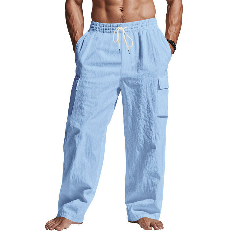 Men's Workwear Multi-pocket Straight Linen Pants Linen Four Seasons Thin Breathable Cargo Pants, Multi-pocket Loose Casual Trendy Wide-leg Pants NorixaFashion.com