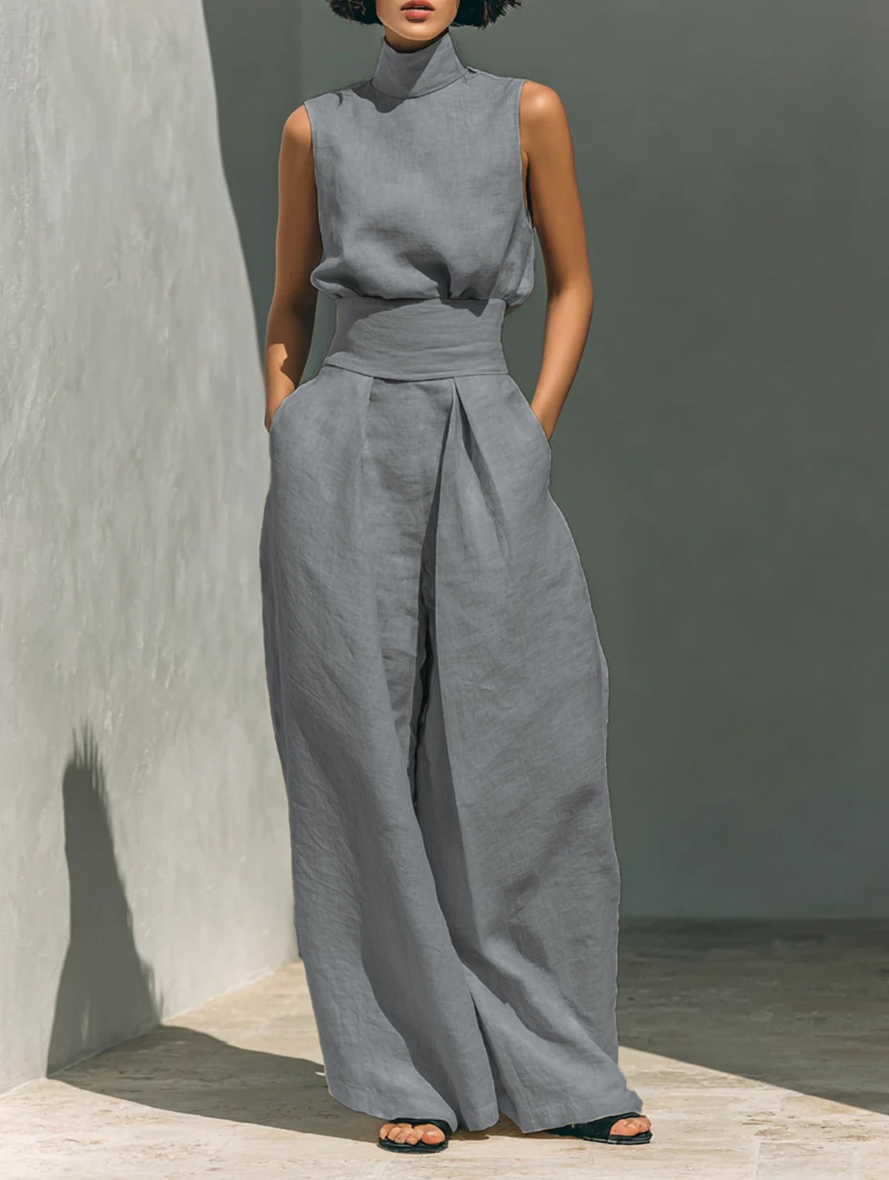 Casual Sleeveless Suit Summer Stand-up Collar Pullover Top And Loose Straight-leg Trousers Women's Clothing LadyShow.Store