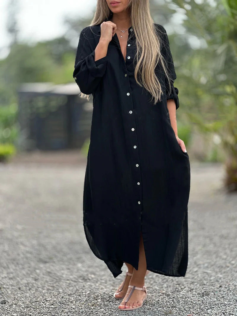 2026 Women's Dress, Cotton And Linen Shirt, Long Skirt, Fashionable Casual Long Sleeved Cardigan Dress NorixaFashion.com