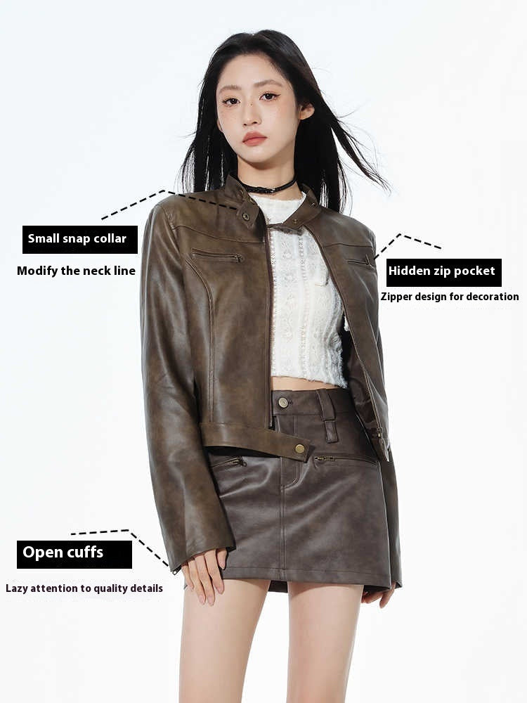 Short Leather Jacket Slim Brown Jacket Motorcycle Jacket LadyShow.Store