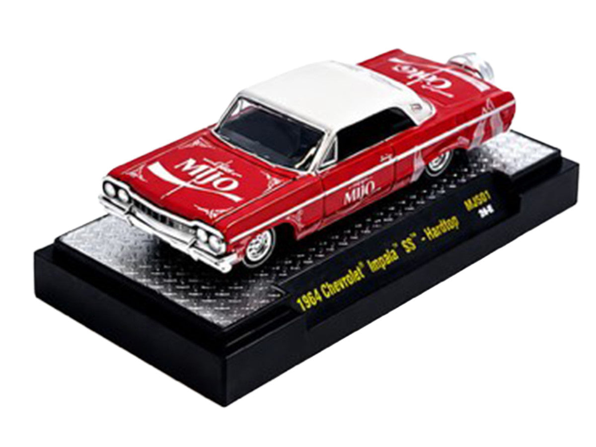 1964 Chevrolet Impala SS Lowrider "Coca Cola" Red with White Top and Graphics Limited Edition to 9340 pieces Worldwide 1/64 Diecast Model Car by M2 Machines LuxuryLifeWay Online Store