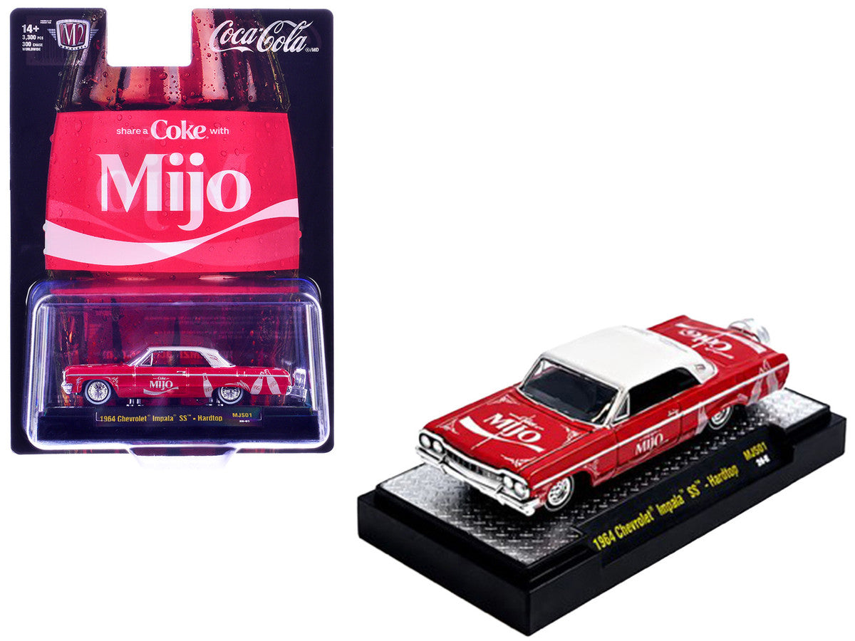 1964 Chevrolet Impala SS Lowrider "Coca Cola" Red with White Top and Graphics Limited Edition to 9340 pieces Worldwide 1/64 Diecast Model Car by M2 Machines LuxuryLifeWay Online Store