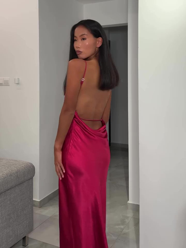 Burgundy Backless Satin Sleeveless Dress NorixaFashion.com