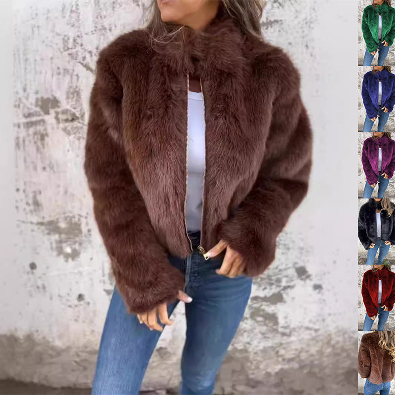 Fashion Stand Collar Plush Jacket Winter Casual Turtleneck Zipper Coat Fleece Tops Women's Clothing LuxuryLifeWay Online Store
