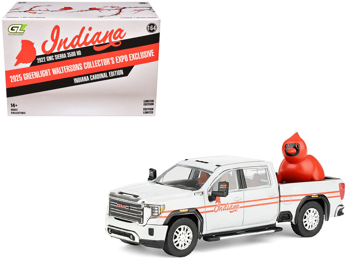 2022 GMC Sierra 3500 HD Pickup Truck "Indiana Cardinals" Silver Metallic with Red Stripes and Cardinal Figure "2025 Greenlight Waltersons Collector's Expo Exclusive" 1/64 Diecast Model Car by Greenlight LuxuryLifeWay Online Store