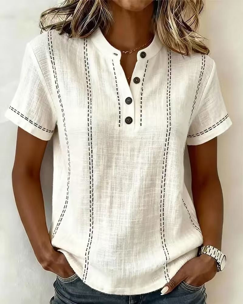 Summer Striped Short-Sleeve Shirts Casual Stand-Collar V-neck Button Blouse Womens Clothing LadyShow.Store