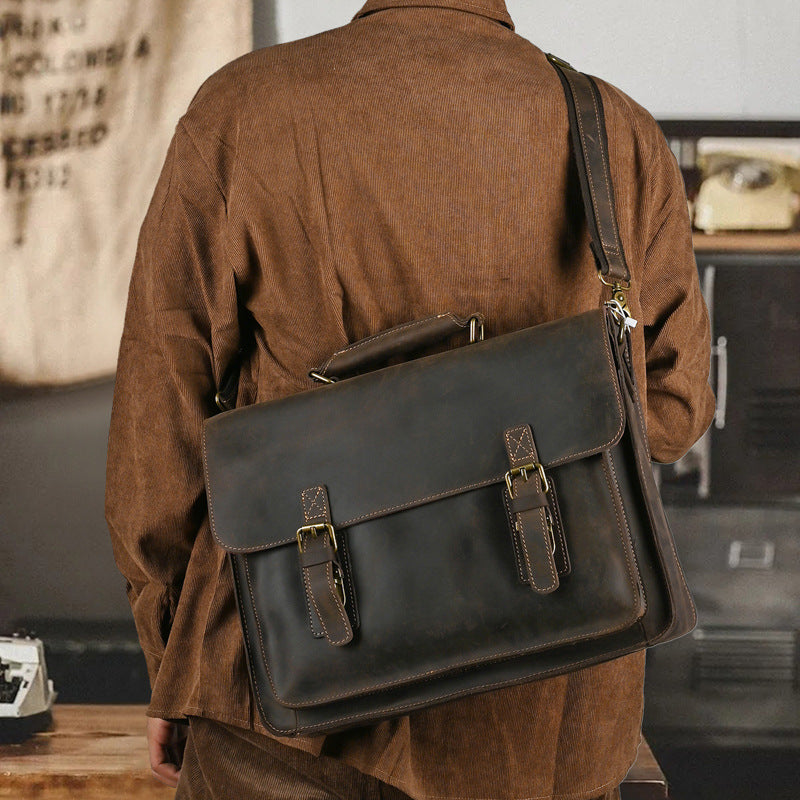 Top Layer Leather One-shoulder Crossbody Laptop Bag CJD