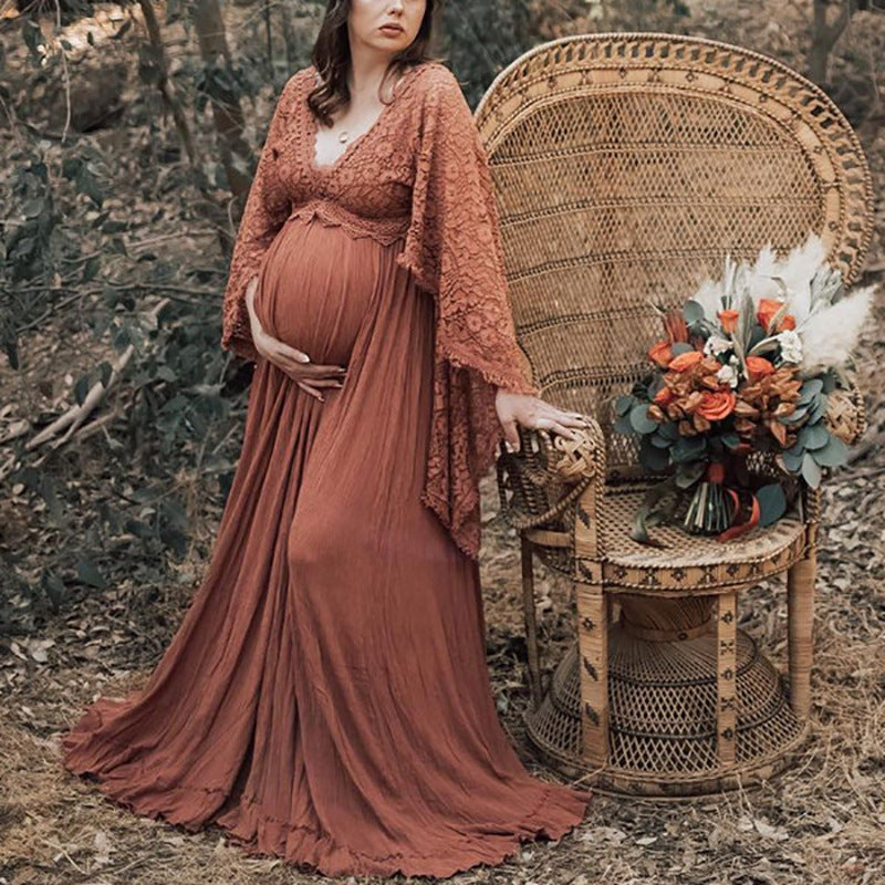 Pregnant Women Fluffy Wide Hem Lace Dress NorixaFashion.com