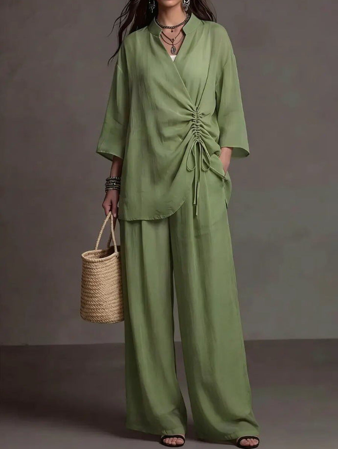 Stand-collar Top With Drawstring Waist High-waisted Slimming Wide-leg Pants Casual Set NorixaFashion.com
