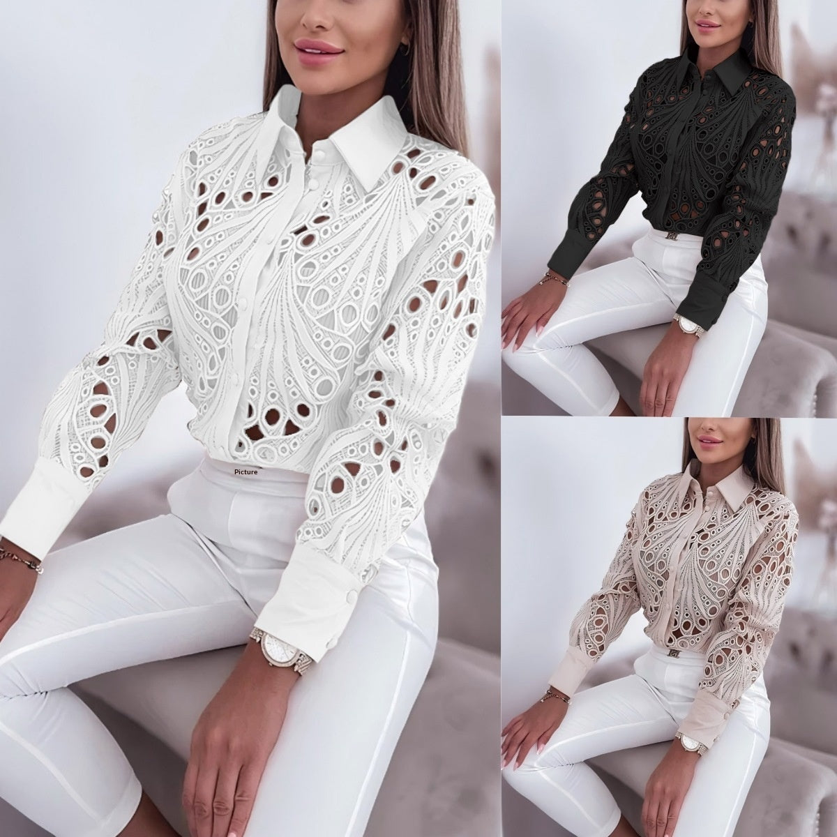 Versatile Commuter Lace Hollow-out Long Sleeve Shirt For Women LadyShow.Store
