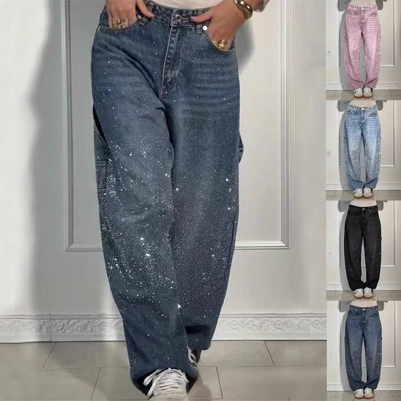 Ins Shiny Straight Jeans With Pockets Fashion Loose Wide-leg Pants For Women Street-style Trousers CJD