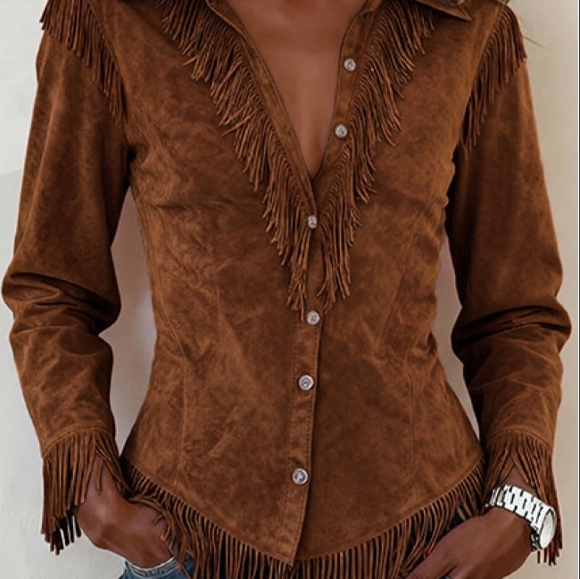 Western Cowboy-Style Suede Fringe Slim-Fit Long-Sleeve Shirt NorixaFashion.com